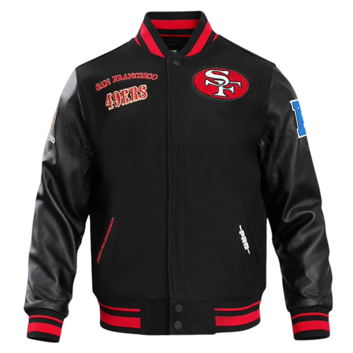 Black jacket with San Francisco 49ers logo and text on a white background