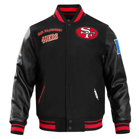 Black jacket with San Francisco 49ers logo and text on a white background