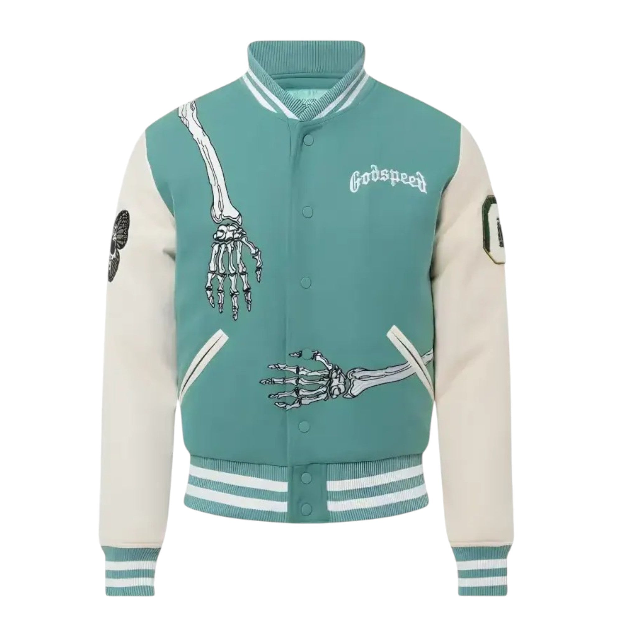 Teal and white varsity jacket with skeleton designs and 'Godspeed' text on a white background