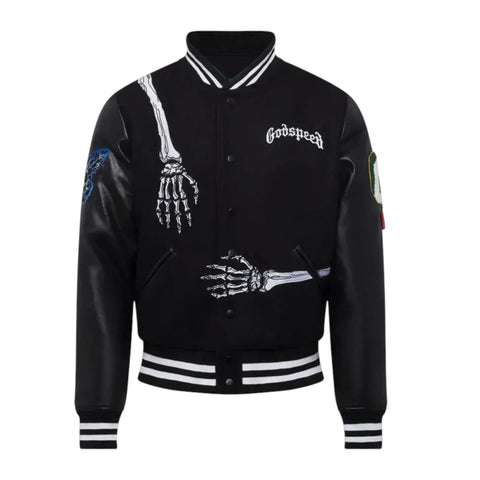 Black varsity jacket with skeleton designs and 'Godspeed' text on a white background