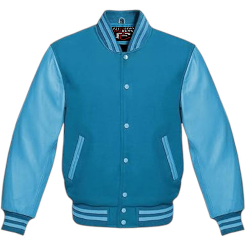 Multicolor Wool Varsity Jacket Genuine Sky Leather Sleeves Streetwear