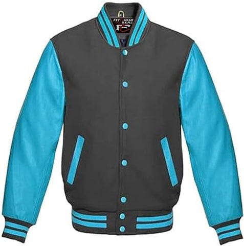 Multicolor Wool Varsity Jacket Genuine Sky Leather Sleeves Streetwear