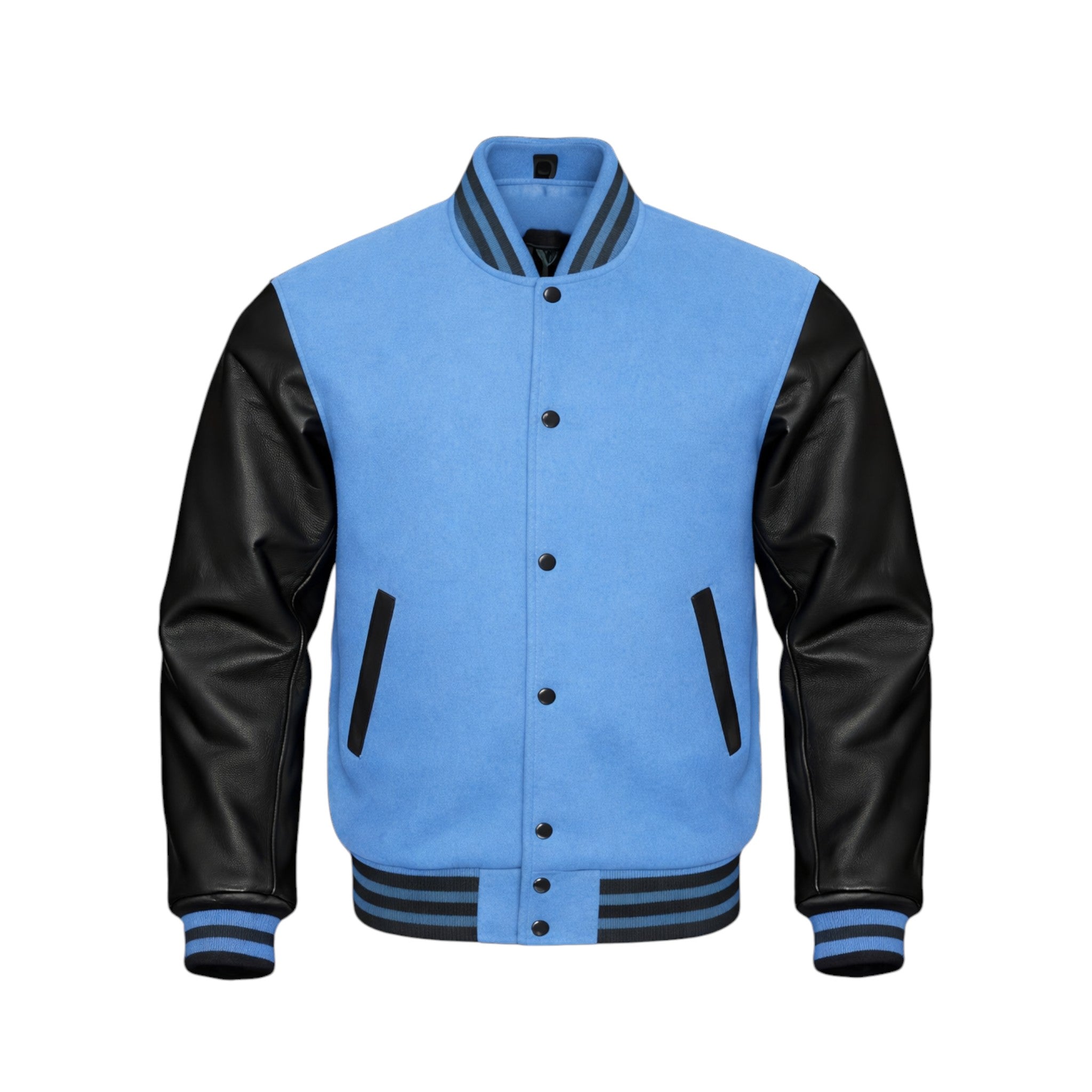 A varsity-style jacket with a Sky Blue  body and black leather sleeves, featuring black buttons, black ribbed trim, and black-and-cream striped cuffs and collar.