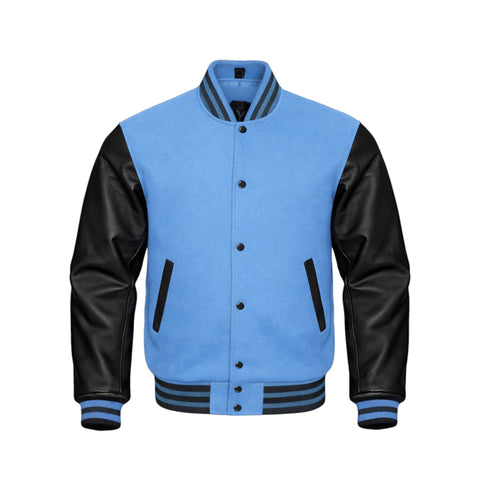 A varsity-style jacket with a Sky Blue  body and black leather sleeves, featuring black buttons, black ribbed trim, and black-and-cream striped cuffs and collar.