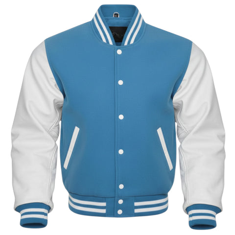 Sky Blue and white varsity jacket on a white background