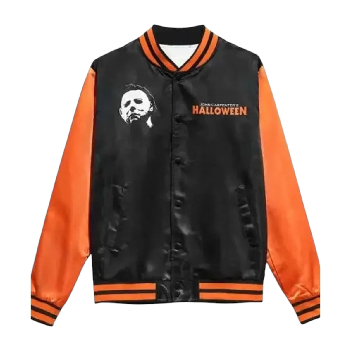 Black and orange jacket with 'Halloween' text and character design on a white background