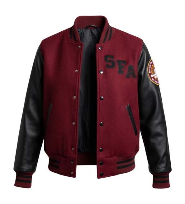 A varsity-style bomber jacket with a deep burgundy wool body and black faux-leather sleeves, featuring 'SEA' embroidered on the chest and a circular patch on the right sleeve.