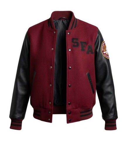 A varsity-style bomber jacket with a deep burgundy wool body and black faux-leather sleeves, featuring 'SEA' embroidered on the chest and a circular patch on the right sleeve.
