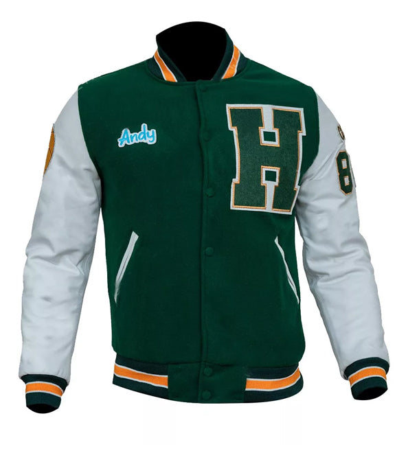 A green and white varsity jacket with orange accents, featuring a large embroidered letter 'H' on the chest, a blue 'Andy' script on the left chest, and a number 8 on the right sleeve.
