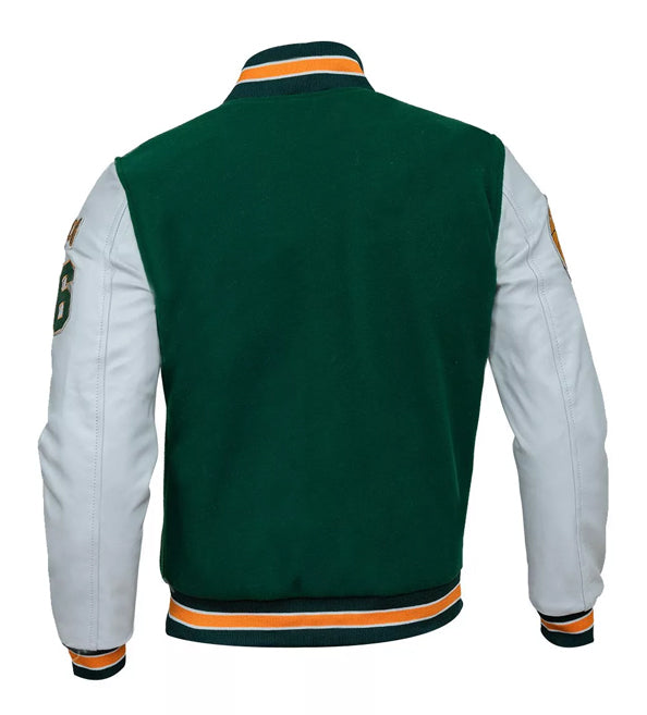 A green and white varsity jacket shown from the back, featuring a dark green body, white sleeves, and orange and dark green striped ribbing.