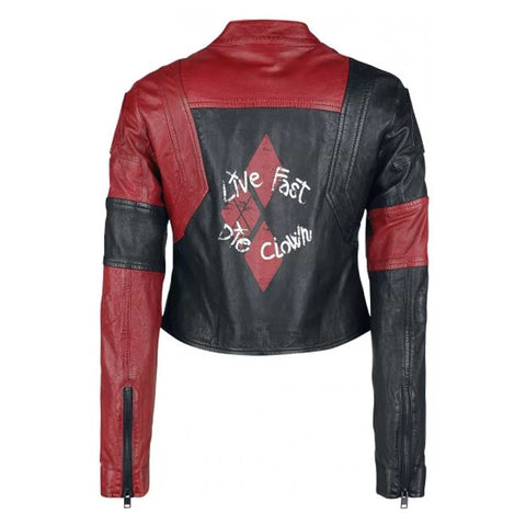 A cropped faux leather jacket shown from the back, featuring a red and black color-blocked design with a large red diamond and white text reading 'Live Fast Die Clown' on the back.