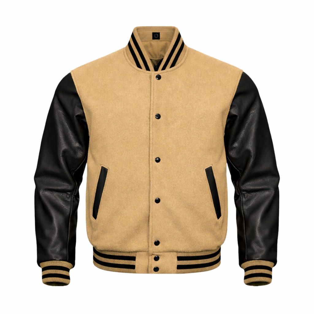 A varsity-style bomber jacket with a tan suede-like body and black leather sleeves, featuring black striped ribbed collar, cuffs, and hem, and black buttons down the front.