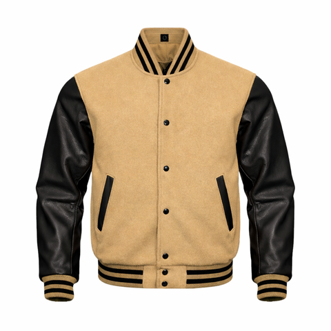 A varsity-style bomber jacket with a tan suede-like body and black leather sleeves, featuring black striped ribbed collar, cuffs, and hem, and black buttons down the front.