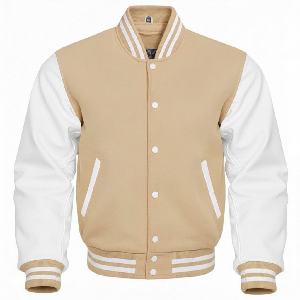 Tan and white varsity jacket on a white background