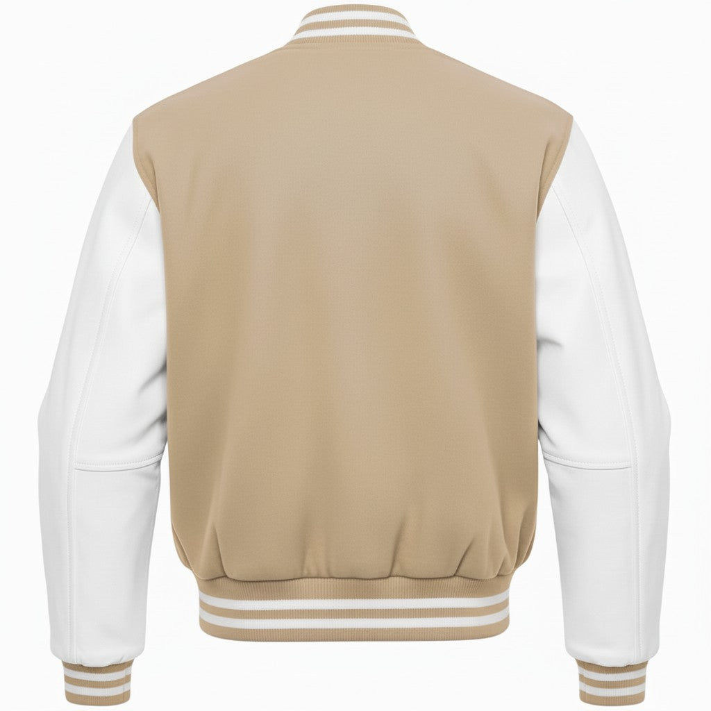 Tan and white varsity jacket on a white background