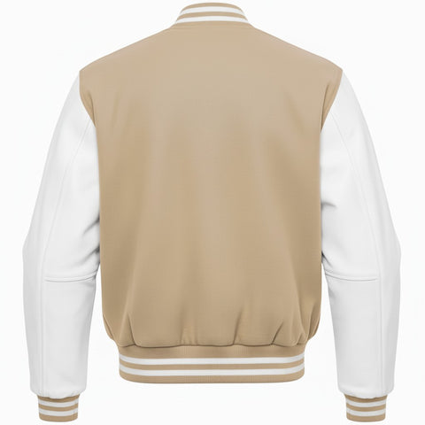 Tan and white varsity jacket on a white background