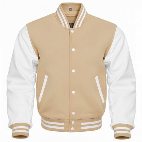 Tan and white varsity jacket on a white background
