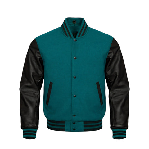 A varsity-style jacket with a Teal body and white sleeves, featuring white buttons, white striped ribbing, and white diagonal chest accents, shown on a plain white background.
