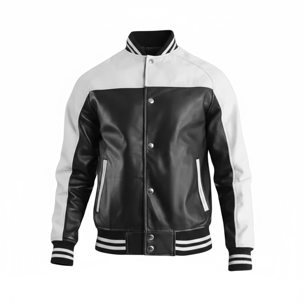 Terrance Varsity Jacket in Black and White Leather