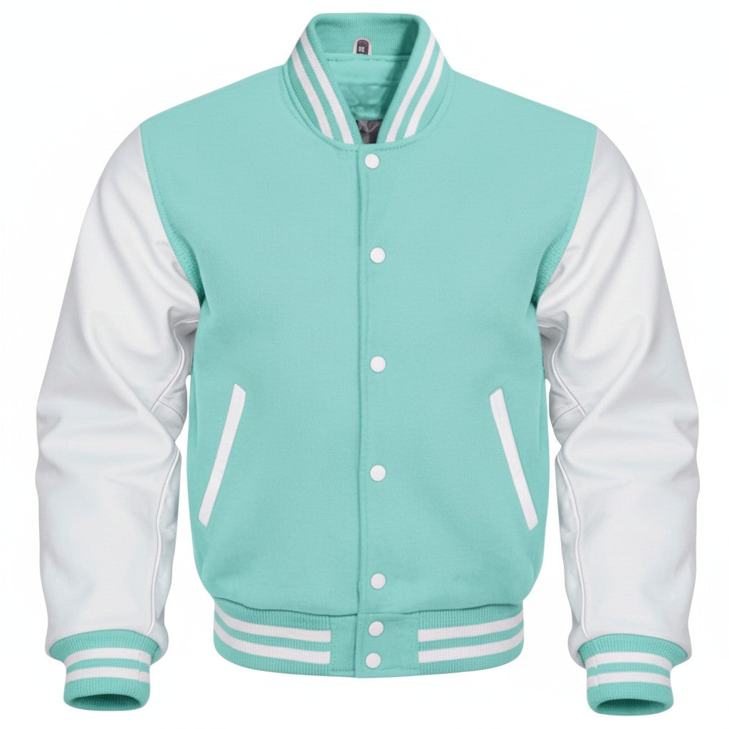 Tiffany and white varsity jacket on a white background