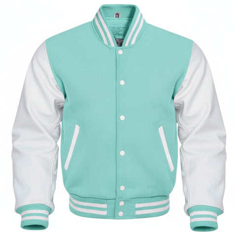 Tiffany and white varsity jacket on a white background