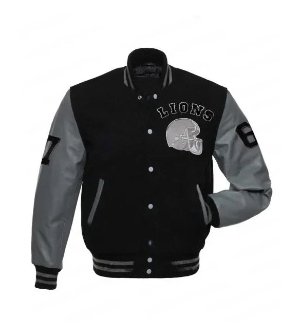 A black and gray varsity jacket with 'LIONS' and a football helmet patch on the chest, shown against a plain white background.