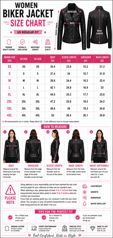 A women's biker jacket size chart infographic featuring a size table, body measurement guide, brand logos, and fit tips, with small photos of models wearing the jacket.