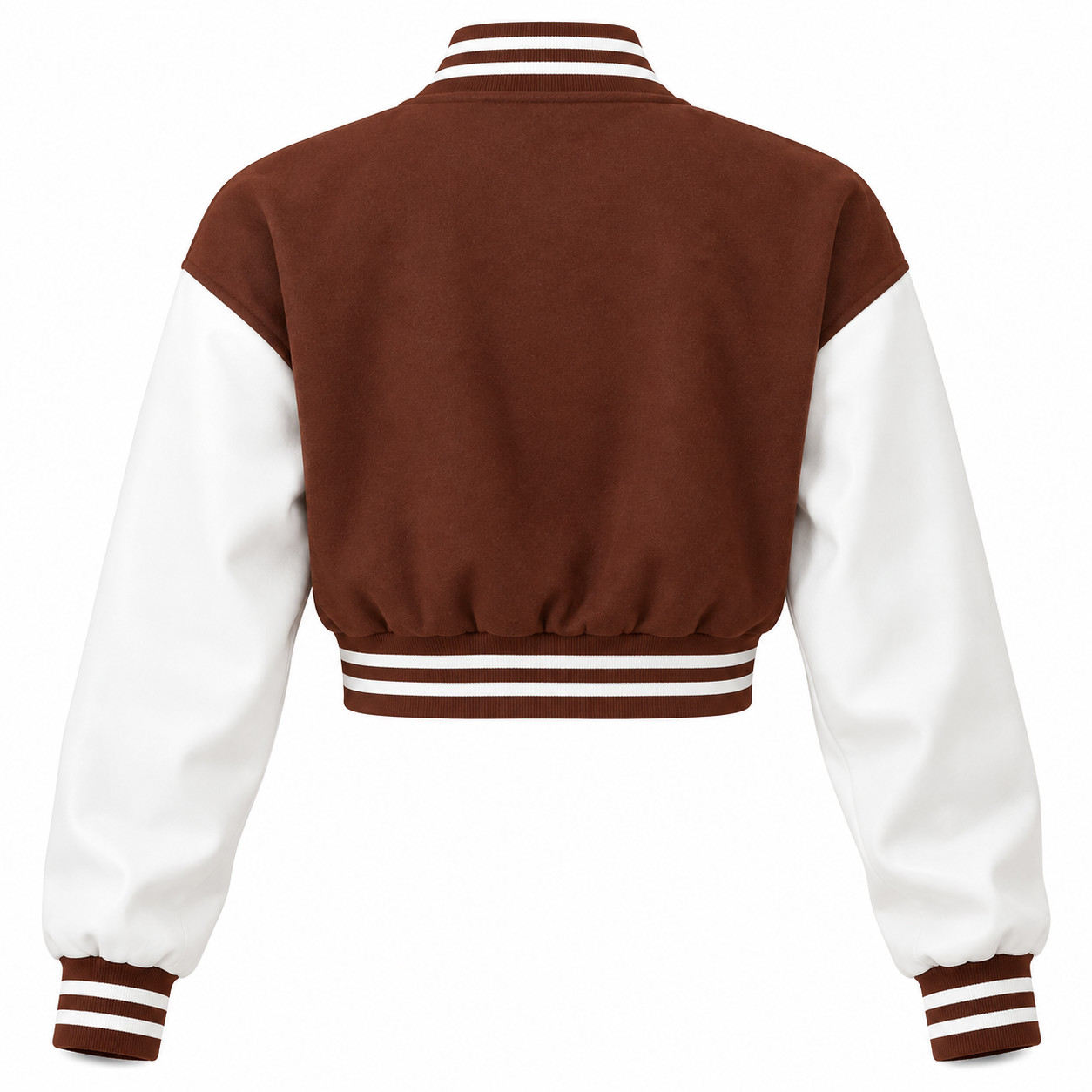 A cropped varsity jacket shown from the back, featuring a brown suede-like body and white sleeves with brown and white striped ribbed trim.