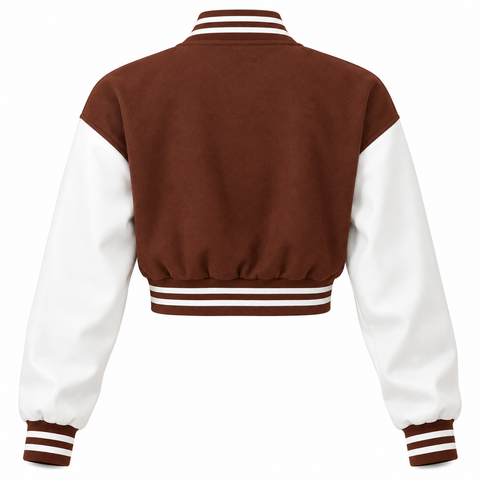 A cropped varsity jacket shown from the back, featuring a brown suede-like body and white sleeves with brown and white striped ribbed trim.