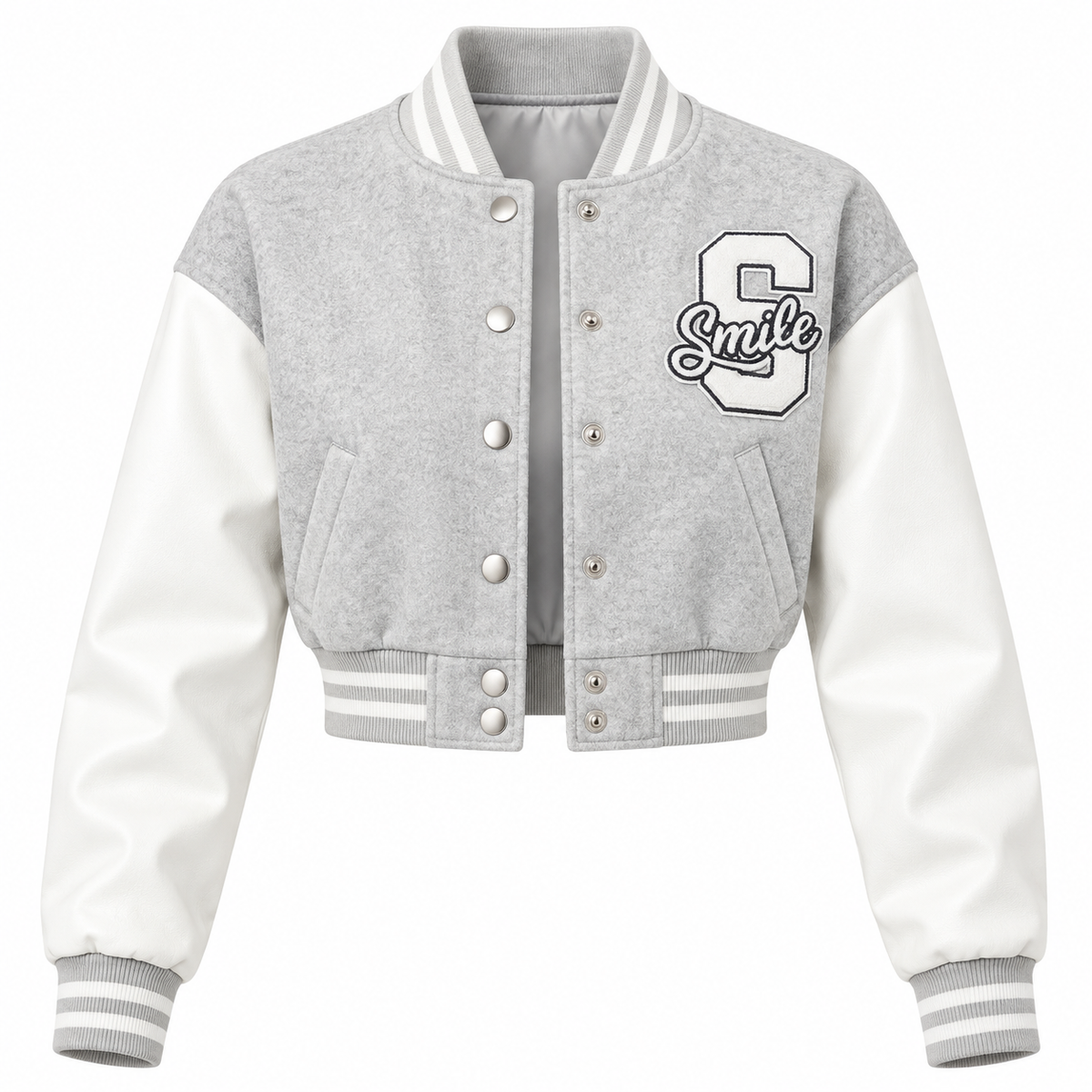 A light gray and white varsity jacket with a large embroidered letter 'C' and the word 'Smile' on the left chest, shown against a plain white background.