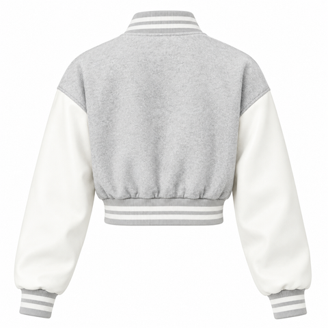 Back view of a cropped varsity jacket with a light gray heather body and white sleeves, featuring gray and white striped ribbing on the collar, hem, and cuffs.