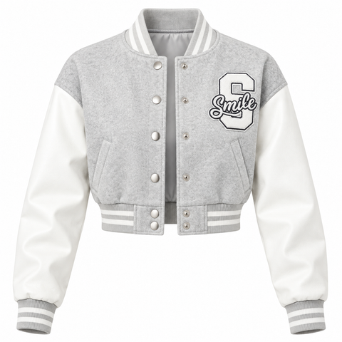 A light gray and white varsity jacket with a large embroidered letter 'C' and the word 'Smile' on the left chest, shown against a plain white background.