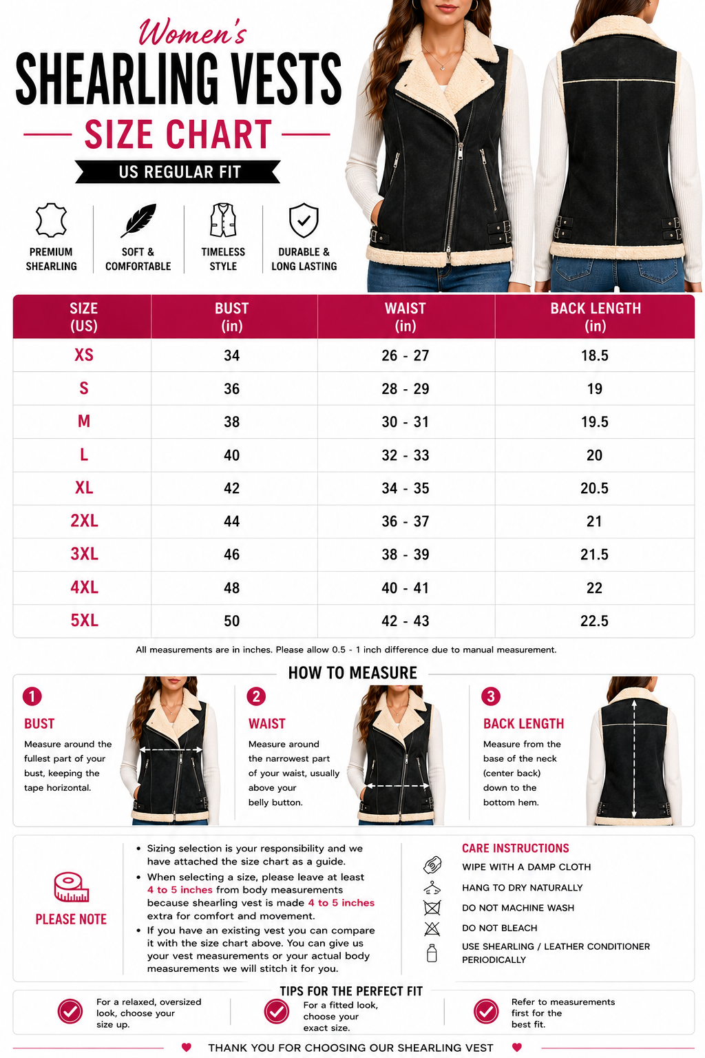 A size chart graphic for Women's Shearling Vests, showing a size table from XS to 5XL with bust, waist, and back length measurements. The chart includes small photos of a model wearing different sizes of black shearling vests and text instructions on how to measure and care for the vests.