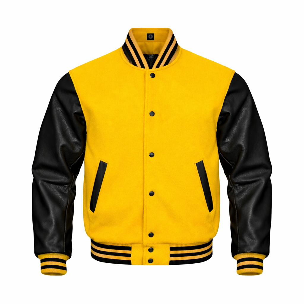 A varsity-style jacket with a Yellow wool body and blackleather sleeves, featuring a snap-button front, ribbed collar and cuffs, and black side pocket panels.