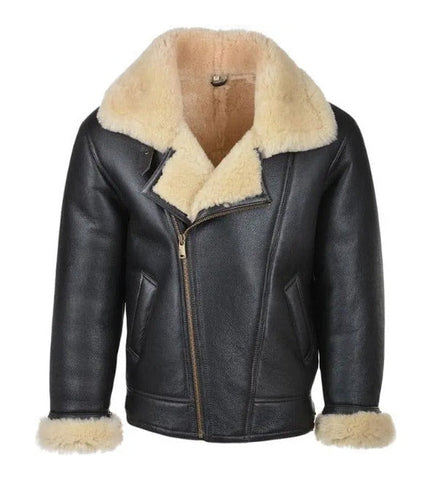 Black Bomber Fur Shearling Lambskin Leather Jacket