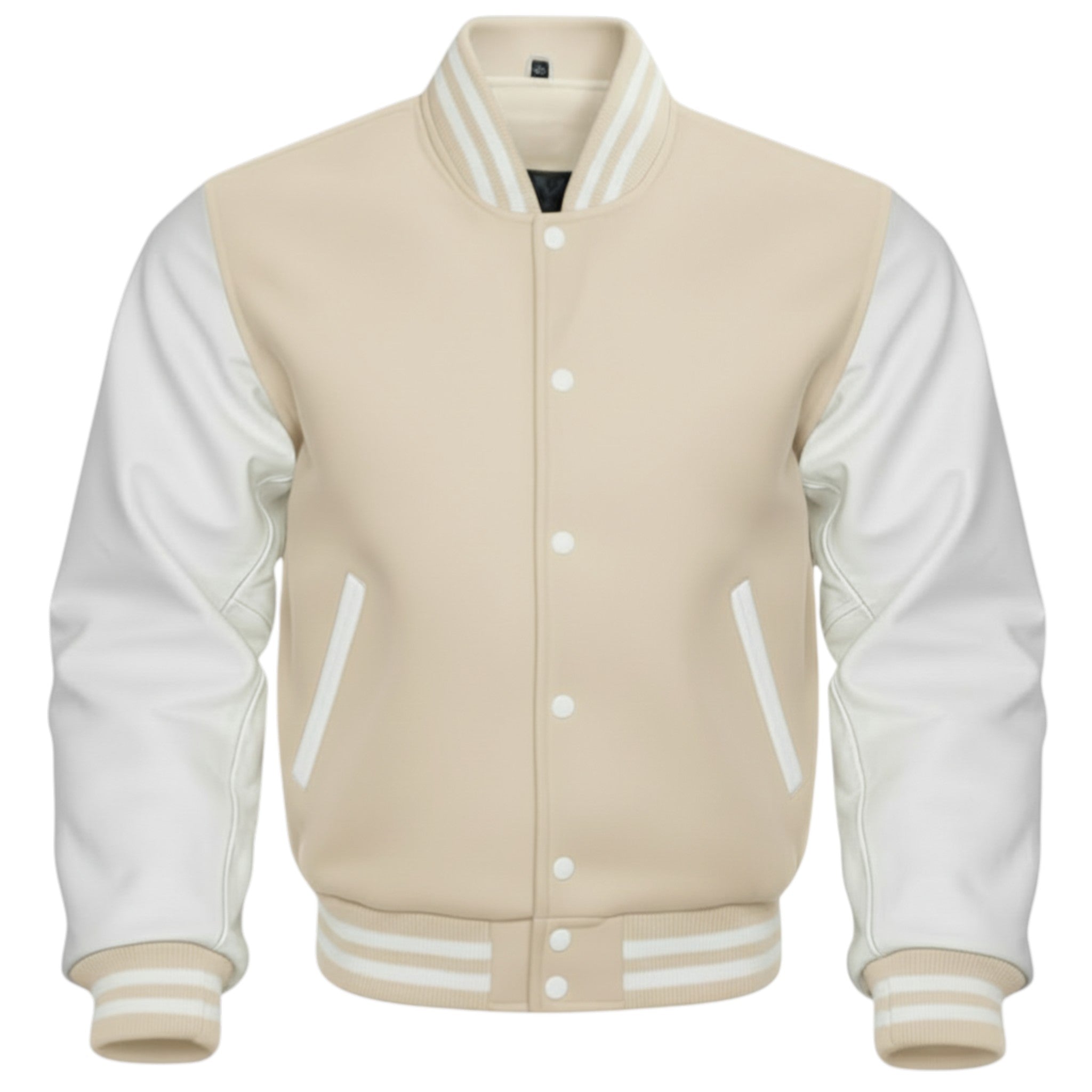 cream and white varsity jacket on a white background