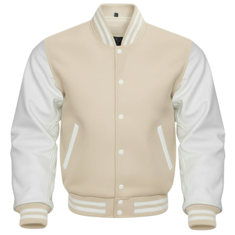 cream and white varsity jacket on a white background