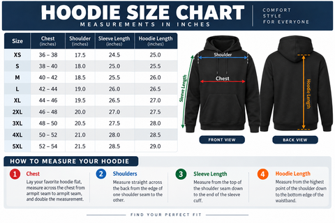 A hoodie size chart infographic showing a measurement table, a step-by-step how-to diagram, and front/back view diagrams with a black hoodie illustration on a white background.