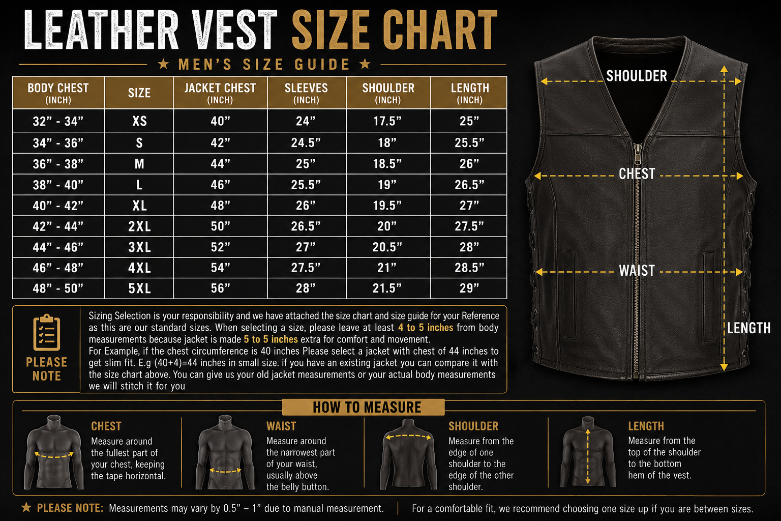 A leather vest size chart infographic for men, showing a measurement guide with a size table, body measurements, and labeled diagrams of the vest's dimensions.