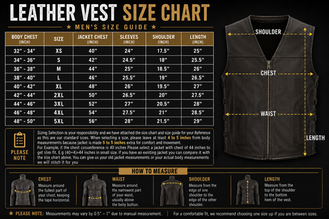 A leather vest size chart infographic for men, showing a measurement guide with a size table, body measurements, and labeled diagrams of the vest's dimensions.