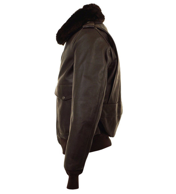A dark brown leather aviator jacket with a thick dark brown shearling-style fur collar, shown in a side profile view against a plain white background.