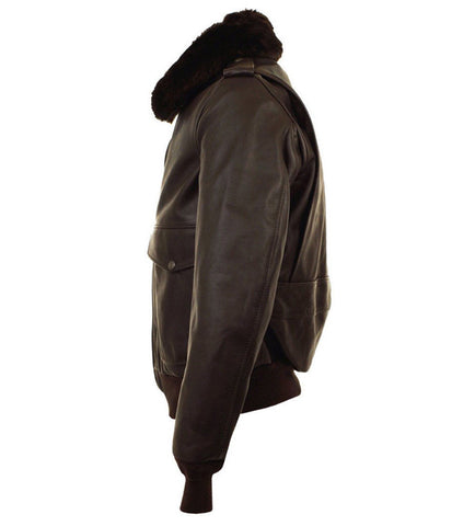 A dark brown leather aviator jacket with a thick dark brown shearling-style fur collar, shown in a side profile view against a plain white background.