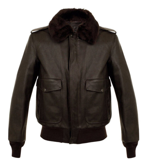 A dark brown leather aviator jacket with a thick dark brown faux fur collar, featuring shoulder epaulets, front flap pockets, and ribbed knit cuffs and hem, shown against a plain white background.