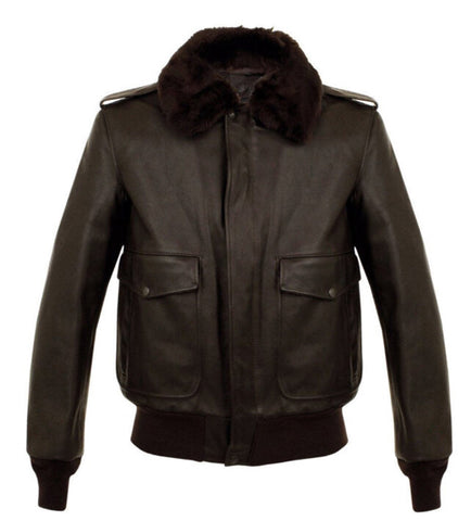 A dark brown leather aviator jacket with a thick dark brown faux fur collar, featuring shoulder epaulets, front flap pockets, and ribbed knit cuffs and hem, shown against a plain white background.