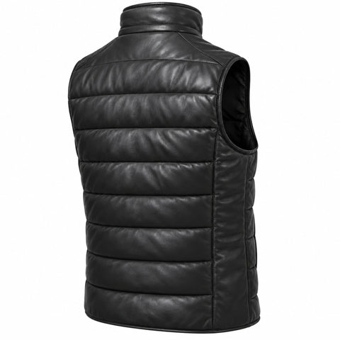 Black Sheepskin Leather Puffer Vest – Quilted Leather Down Vest