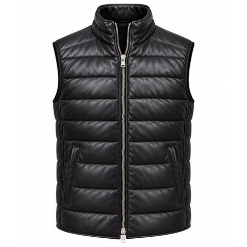 Black Sheepskin Leather Puffer Vest – Quilted Leather Down Vest