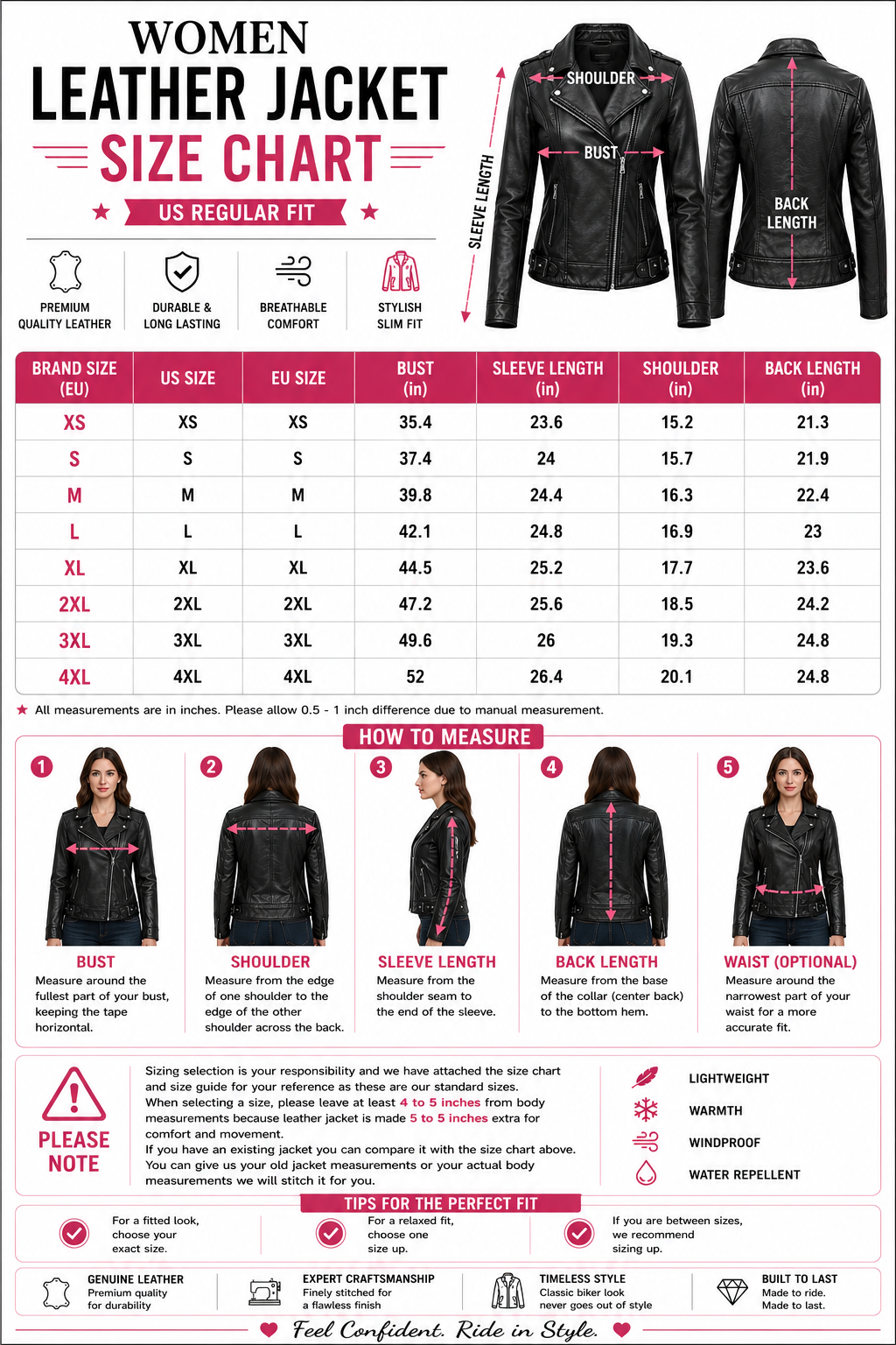 A women's leather jacket size chart infographic showing a size table, measurement guide with labeled body points, and fit notes for US regular fit jackets.