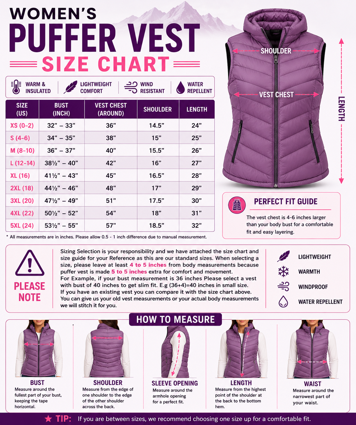 A women's puffer vest size chart and measurement guide from Sizing Selection, featuring a size table, fit notes, and step-by-step how-to-measure instructions with illustrated body measurements.