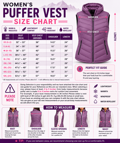 A women's puffer vest size chart and measurement guide from Sizing Selection, featuring a size table, fit notes, and step-by-step how-to-measure instructions with illustrated body measurements.